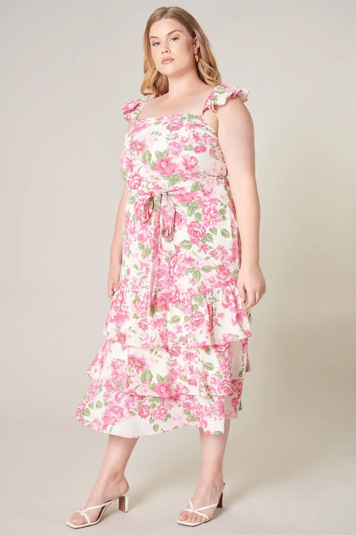 Plus Size Floral Printed Ruffle Tiered Midi Dress - Curvy Chic Boutique