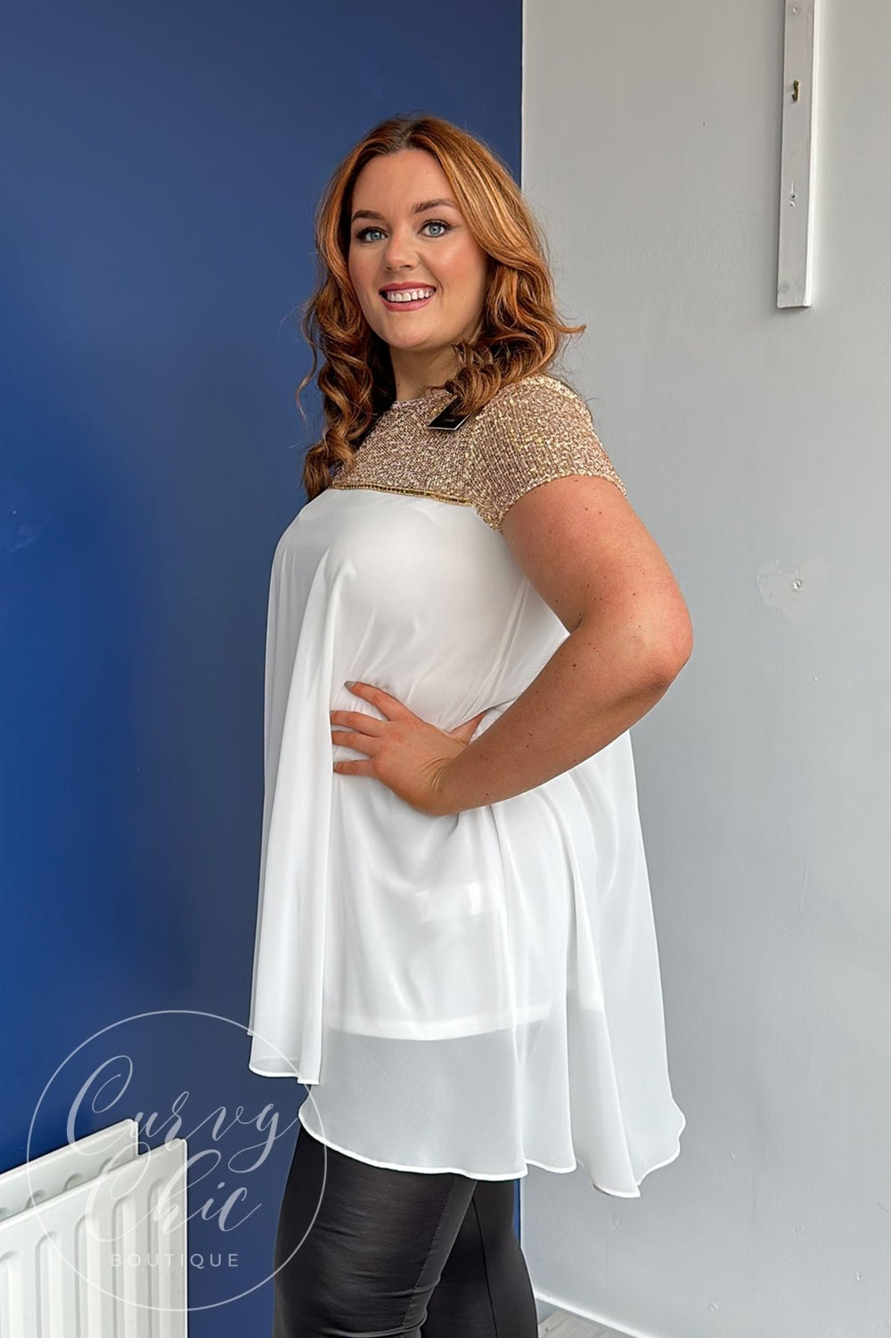 Plus Size White Chiffon & Gold Sequin Long Top - Curvy Chic Boutique
