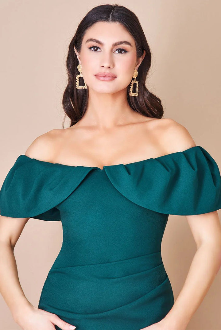 Scuba Crepe Pleated Bardot Plus Size Midi Dress in Blush or Emerald - Curvy Chic Boutique