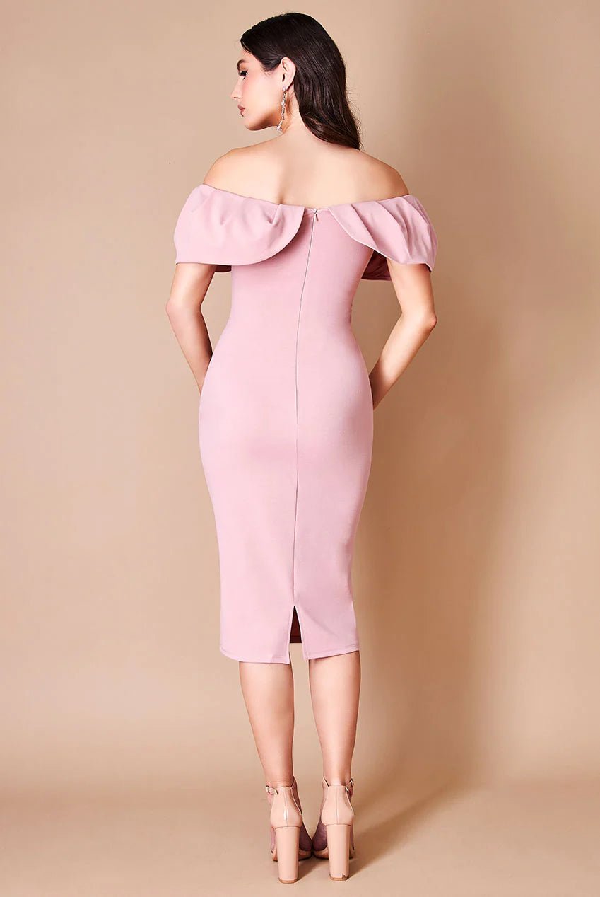 Scuba Crepe Pleated Bardot Plus Size Midi Dress in Blush or Emerald - Curvy Chic Boutique