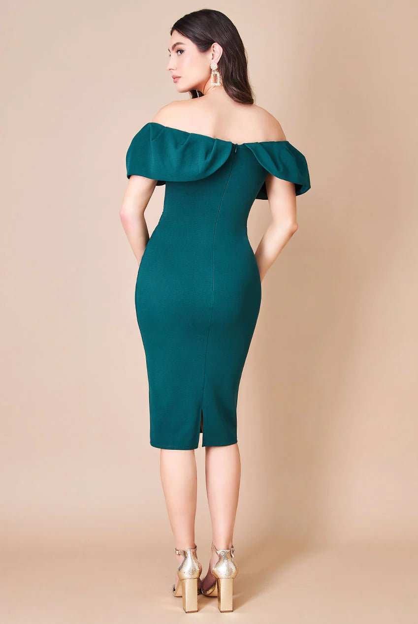 Scuba Crepe Pleated Bardot Plus Size Midi Dress in Blush or Emerald - Curvy Chic Boutique