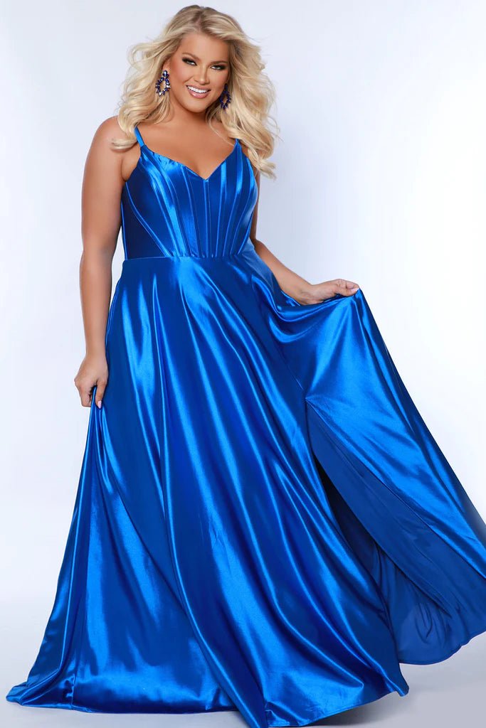 Strappy Bright Satin Plus Size Formal Dress in Royal Blue, Magenta & Green - Curvy Chic Boutique